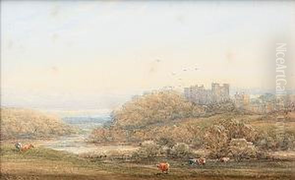 Figures On A Country Path By A 
Castle, Together With Another Of A River Landscape With Castle And 
Cattle Grazing, Possibly Alnwick Castle, (2) Oil Painting by James Orrock