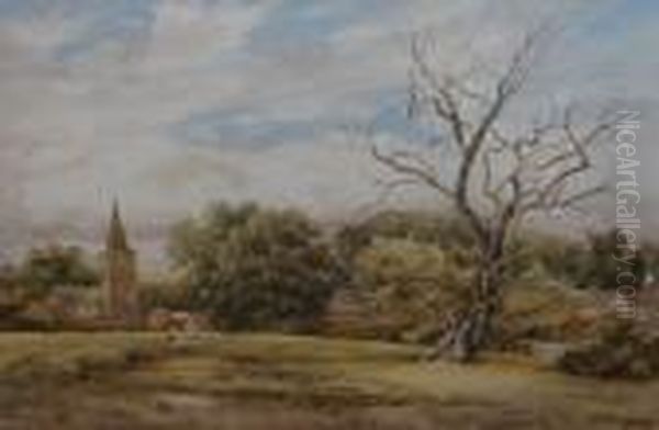 ' Newton Linford In Leicester ' - Field With Figures, Church And
 Trees Oil Painting by James Orrock