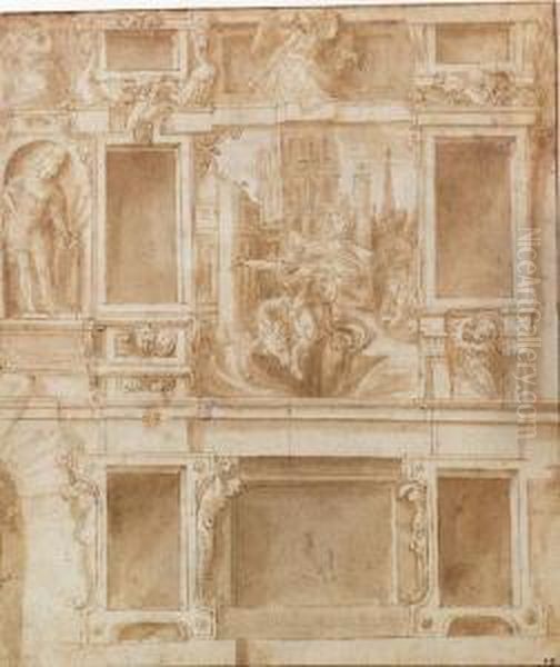 A Design For A Section Of 
Painted Faade Decorated With Thesacrifice Of Marcus Curtius And Mucius 
Scaevola, And Otherfigures Oil Painting by Lelio Orsi