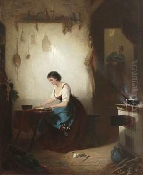 Junge Zitherspielerin In Der
 Stube. Oil Painting by Friedrich Ortlieb