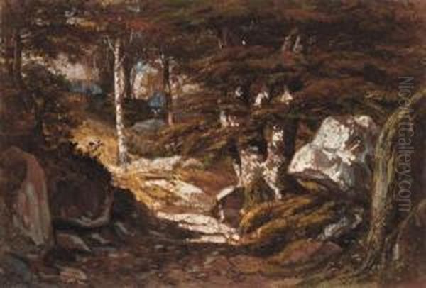 Signed And Dated 'augt. 
Ortmans.1872.' And With Inscription 'foretde Fontainebleau' On The 
Backing Oil Painting by Francois Auguste Ortmans
