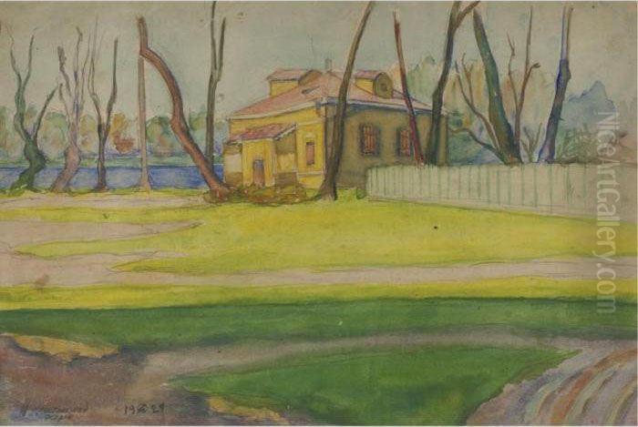 House On A Riverbank Oil Painting by Anna Petrovna Ostroumova-Lebedeva