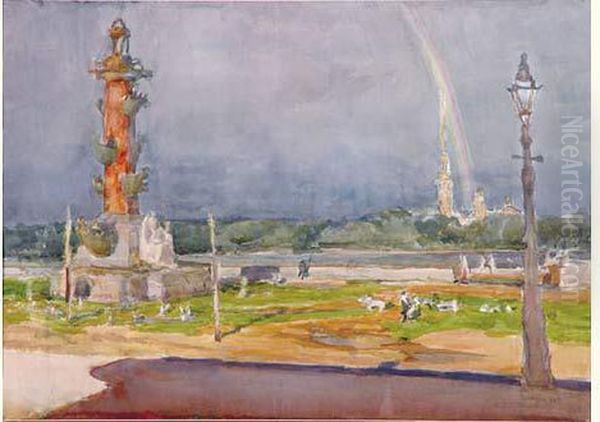 Rainbow At Vasilyevsky Island Oil Painting by Anna Petrovna Ostroumova-Lebedeva