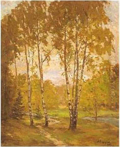 Birch Trees In The Autumn Sun Oil Painting by Anna Petrovna Ostroumova-Lebedeva