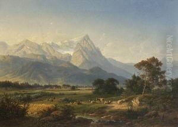 Blick Auf Partenkirchen Mit
 Zugspitze. Oil Painting by Johann Nepomuk Ott