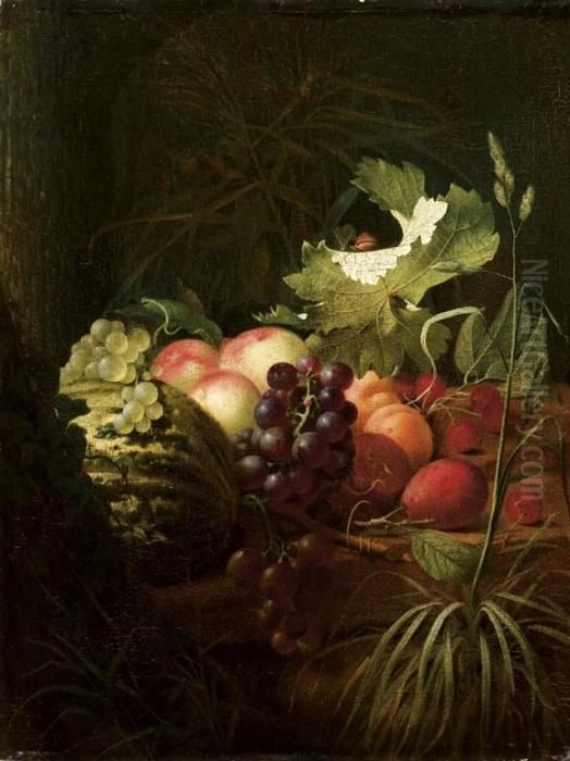Natura Morta Con Uva, Melone, 
Pesche, Mele, Susine, Ciliegie E Chiocciola Su Foglia D'uva Oil Painting by Otto Didrik Ottesen