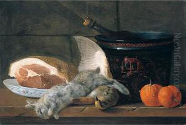 Still Life With A Ham, A 
Porcelain Bowl, A Chinoiserie Pot, Two Oranges, A Rabbit And A 
Partridge, Together On A Wooden Table Oil Painting by Jacques Charles Oudry