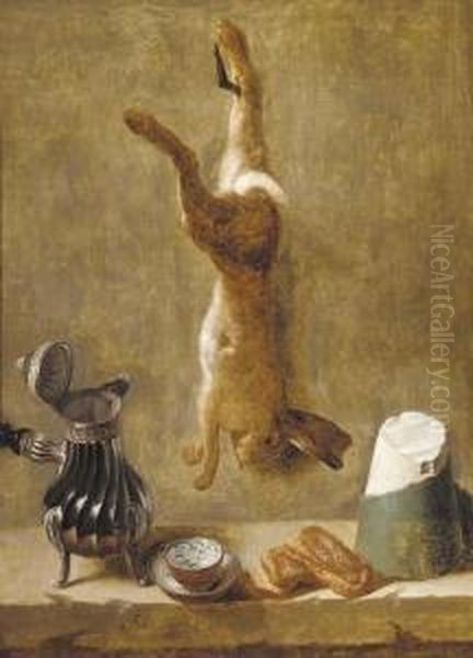 A Dead Hare Hanging From A Nail 
With Coffee Pot, Cup And Saucer, Pastries And Block Of Salt On A Ledge Oil Painting by Jacques Charles Oudry