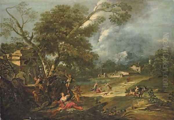 An Italianate river landscape with Juno resting under a tree with putti, a fountain nearby Oil Painting by Antonio Diziani