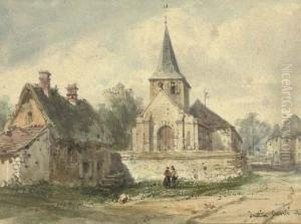Villagers Gathered Before A Church, In An Alpine Landscape; Figures Beside A Church Oil Painting by Pierre Justin Ouvrie
