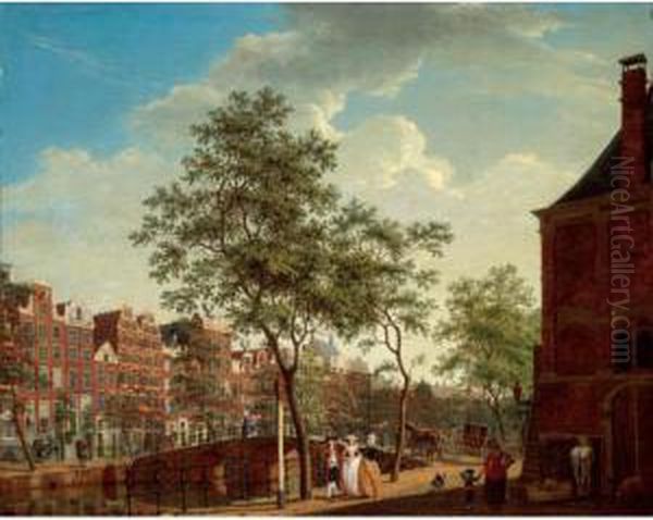 Amsterdam A View On The 
Keizersgracht From The Westermarkt With The 
Westerhal On The Right Elegant Figures 
Conversing In The Foreground With Other Figures 
And A Horse-drawn Carriage C Oil Painting by Isaak Ouwater