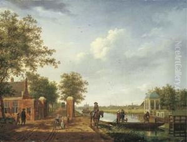 A View Of Amsterdam From The 't 
Spaarne Canal In Slooterdijk With Travellers On A Towpath By The 
Tollgate And A Couple On A Ferry Oil Painting by Isaak Ouwater