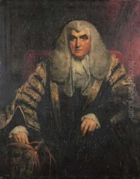 Portrait Of John Scott, 1st Earl
 Of Eldon (1751-1838), Seated, Three-quarter-length, In Robes, His Right
 Hand Holding The Chancellor's Bourse Oil Painting by William Owen