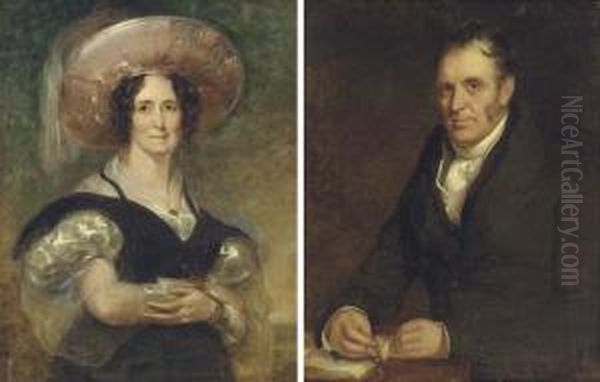 Portrait Of A Gentleman, 
Half-length, In A Black Coat, Holding His Spectacles And A Book; And 
Portrait Of A Lady, Half-length, In A Black And White Dress And 
Feathered Hat, In A Landscape Oil Painting by William Owen