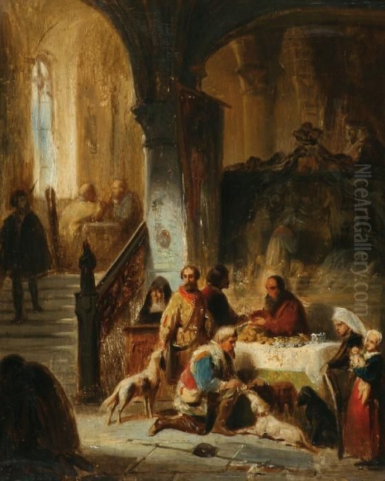 Large Room Witha Company Sitting At A Table Laid
 For Dinner Oil Painting by David Oyens