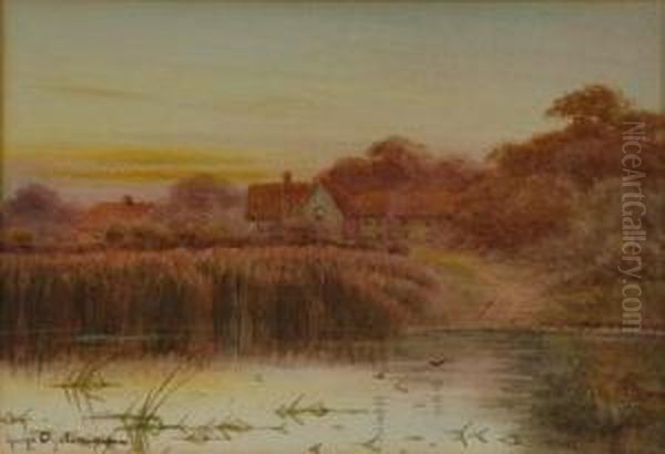 British River Landscape In Summer; Cottages By A Pond At Sunset Oil Painting by George Oyston