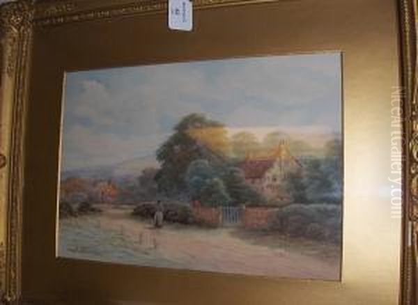 Figure Before A Cottage; Eashing
 Bridge,surrey, Signed And Dated 1928, A Pair Of Watercolours Oil Painting by George Oyston