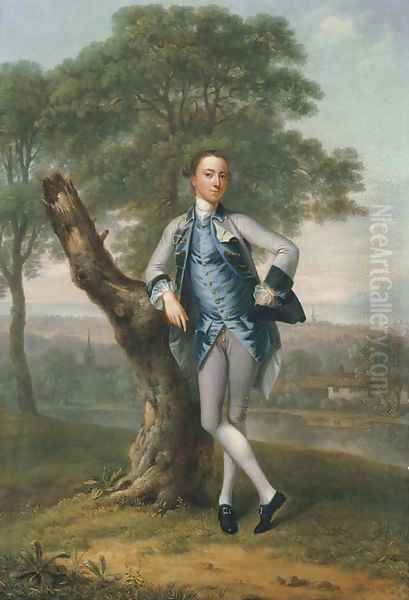 Portrait of Thomas Bateman Lane (b. 1735), small full-length, in a grey suit with a blue waistcoat, holding a tricorn in his left hand Oil Painting by Arthur Devis