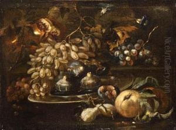 Uve Bianche E Fichi In Un Piatto, Pesche, Pere, Uve Nere E Un Melograno En Plein Air Oil Painting by Michele Pace Del (Michelangelo di) Campidoglio