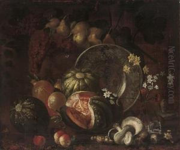 Narcissi And Carnations In A 
Glass Vase, A Blue And White Porcelain Plate, Mushrooms, Melons, Apples 
And Other Fruit Oil Painting by Michele Pace Del (Michelangelo di) Campidoglio