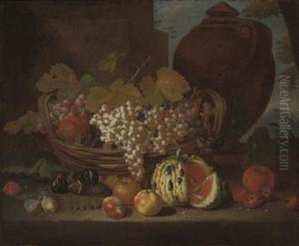 Red And White Grapes On The Vine
 In A Basket, With Peaches, Figs, Plums And A Mellon On A Stone Ledge, 
By A Column And An Urn, A Landscape Beyond Oil Painting by Michele Pace Del (Michelangelo di) Campidoglio