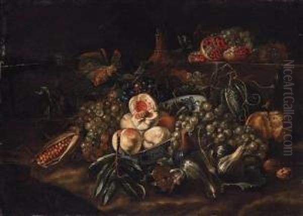 Peaches In A Blue And White Dish
 With Grapes, Figs, Pomegranates,walnuts, Sweetcorn And A Carafe Oil Painting by Michele Pace Del (Michelangelo di) Campidoglio