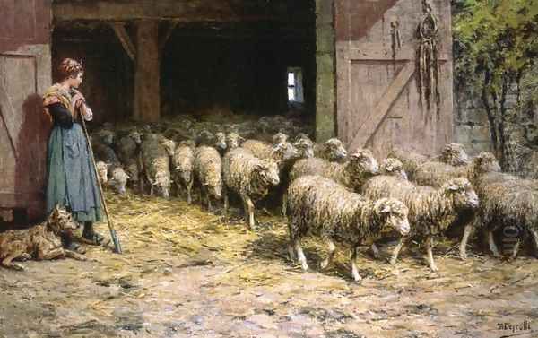 A Shepherdess and her Flock Oil Painting by Theophile Louis Deyrolle