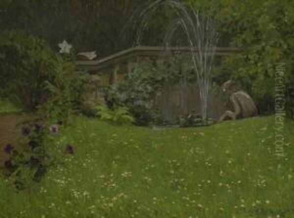 Parklandschaft Mit
 Fontane. Oil Painting by Paul Paede