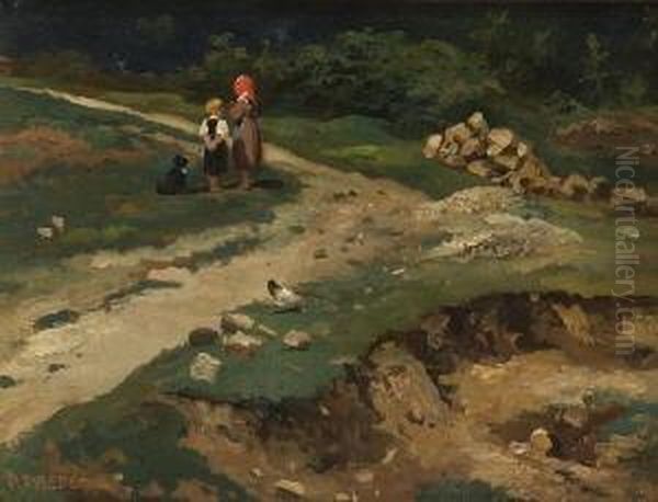 Kinder Mit Hund Auf Der
 Wiese. Oil Painting by Paul Paede