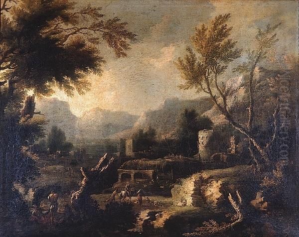 An Extensive Landscape With 
Travellers Before A Farmstead; And A Wooded Landscape With Travellers 
Crossing A Wooden Bridge Oil Painting by Michele Pagano