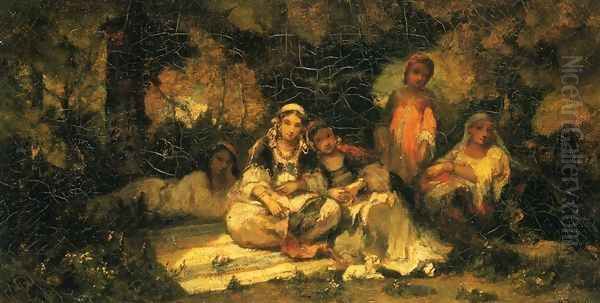 Women in a Forest Oil Painting by Narcisse-Virgile Diaz de la Pena