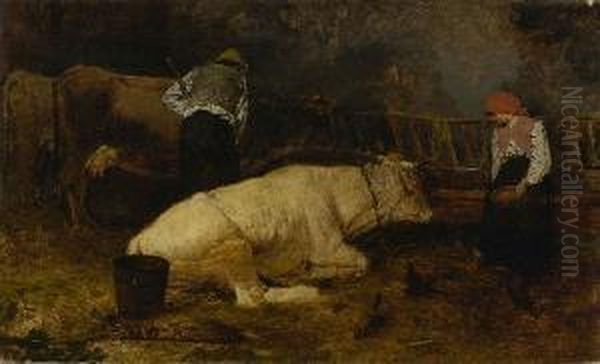 Magd Und Knecht Im
 Kuhstall. Oil Painting by Pietro Pajetta