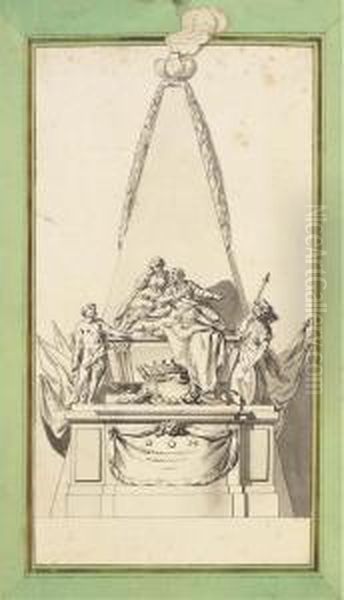 Projet De Monument Funeraire 
Avec Hercule, Minerve Et Une Femme Pleurant Un Guerrier En Armure Sous 
Une Pyramide Oil Painting by Jacques-Augustin Pajou