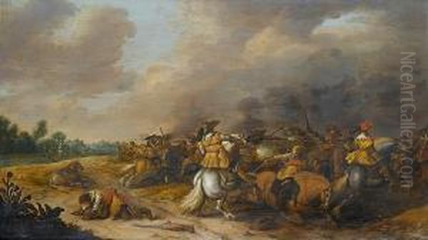 A Cavalry Skirmish Oil Painting by Palamedes Palamedesz. (Stevaerts, Stevens)