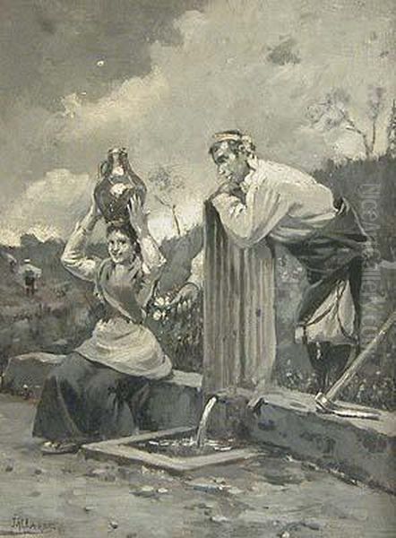 Galanteo En La Fuente Oil Painting by Joaquin Pallares y Allustante