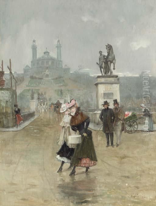 Ladies Crossing The Street Oil Painting by Joaquin Pallares y Allustante