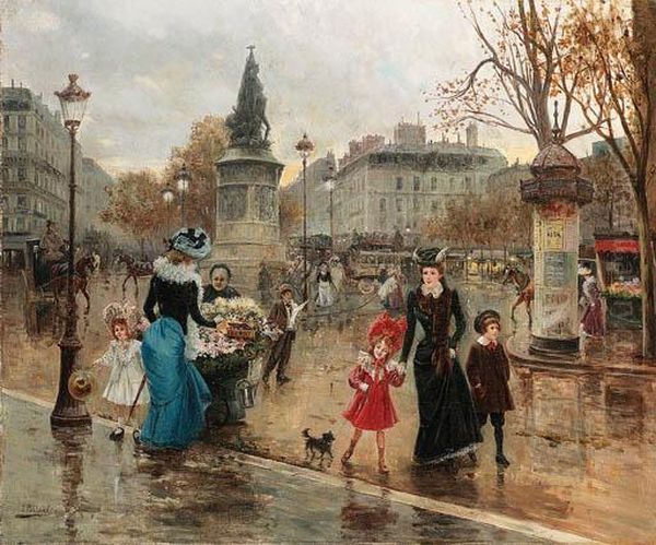 Une Place Animee A Paris Oil Painting by Joaquin Pallares y Allustante
