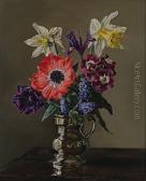 Mixed Flowers In A Pewter Tankard. Oil Painting by Alfred Palmer