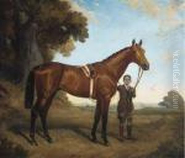 A Bay Racehorse Held By A Groom Oil Painting by James Lynwood Palmer