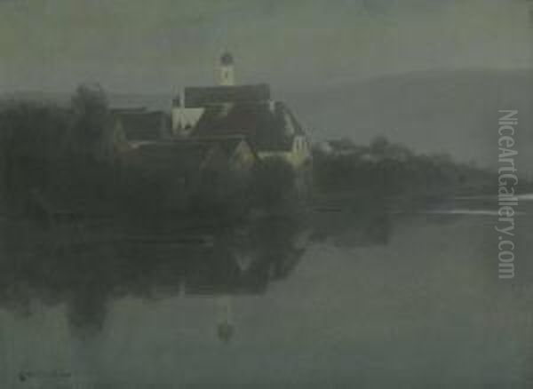 Kirchdorf Am Wasser Im
 Morgennebel. Oil Painting by Charles Joh. Palmie