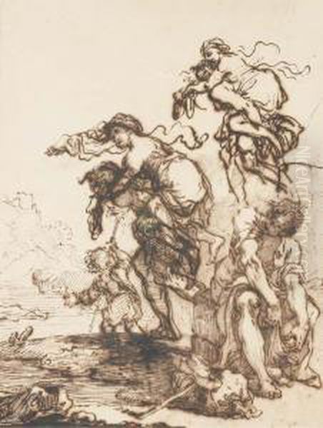 Un Homme Portant Une Femme Sur 
Ses Epaules, Avec Une Etude Subsidiaire Du Meme Accompagne D'un Enfant, 
Un Voyageur Assis Au Premier Plan A Droite Oil Painting by Giuseppe Palmieri