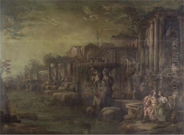 Capriccio Architettonico Con Figure E Una Fontana In Primo Piano Oil Painting by Pietro (Il Mirandolese) Paltronieri