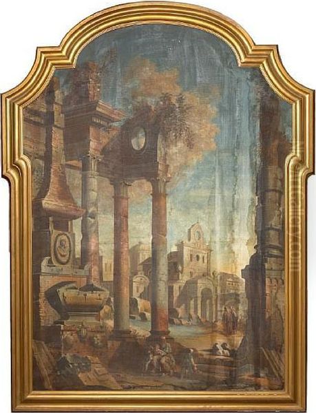 A Capriccio Landscape With Figures By Ruins In The Foreground Oil Painting by Pietro (Il Mirandolese) Paltronieri