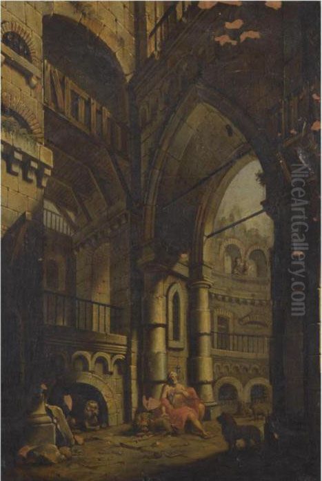A Capriccio Of Classical Ruins With Daniel In The Lion's Den Oil Painting by Pietro (Il Mirandolese) Paltronieri