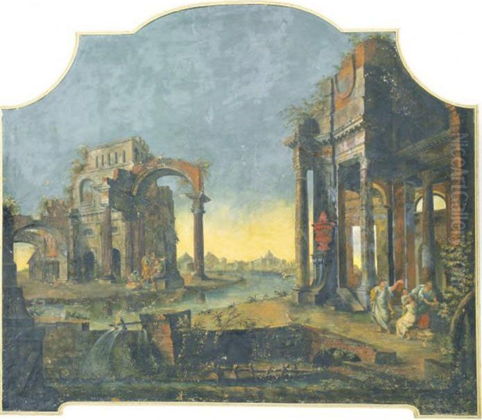 An Architectural Capriccio With Figures Among Ruins Oil Painting by Pietro (Il Mirandolese) Paltronieri