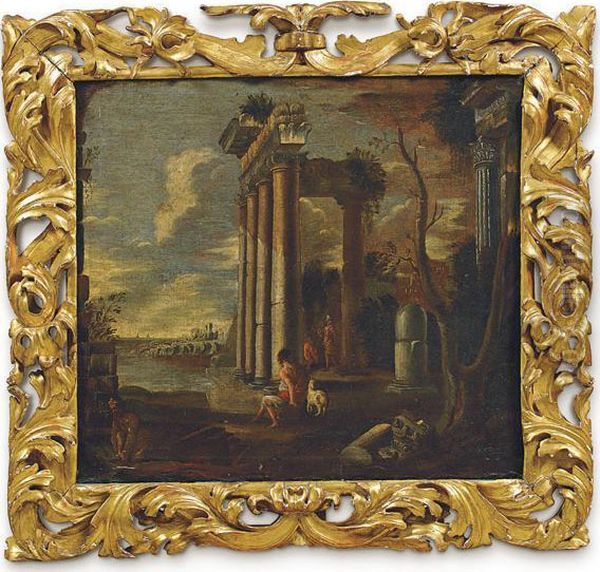 Capriccio Con Rovine E Figure Di Viandanti Oil Painting by Pietro (Il Mirandolese) Paltronieri