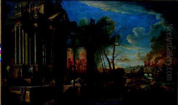 Capriccio Architettonico Con Scena Di Battaglia Oil Painting by Pietro (Il Mirandolese) Paltronieri