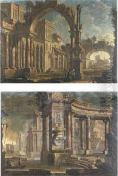 Architectural Capriccio With 
Figures Underneath An Arch; Architectural 
Capriccio Along A River Oil Painting by Pietro (Il Mirandolese) Paltronieri