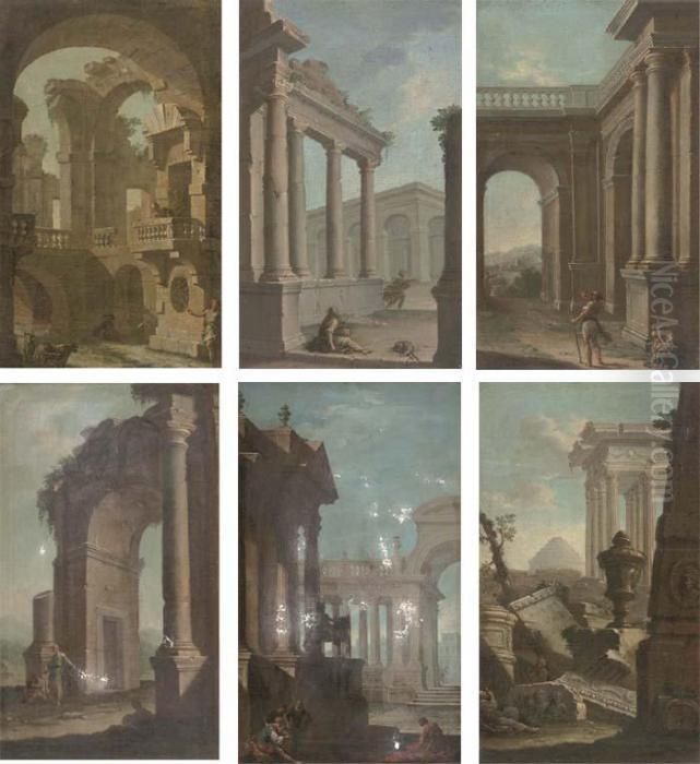 An Italian Capriccio Of Classical Ruins Oil Painting by Pietro (Il Mirandolese) Paltronieri