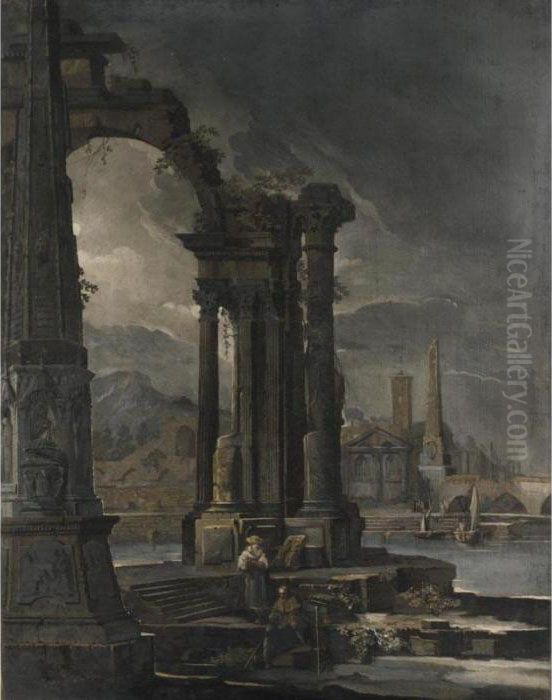 Veduta Fantastica Con Rovine Classiche Lungo La Riva Di Un Fiume Oil Painting by Pietro (Il Mirandolese) Paltronieri